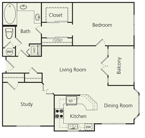 Floor plan for 2 beds, 1 bath, 1045 sqft